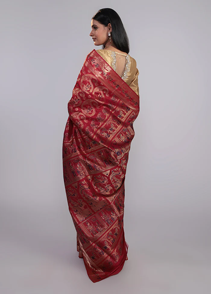 RED HANDLOOM BALUCHARI PURE SILK SAREE WITH BLOUSE - Image 3