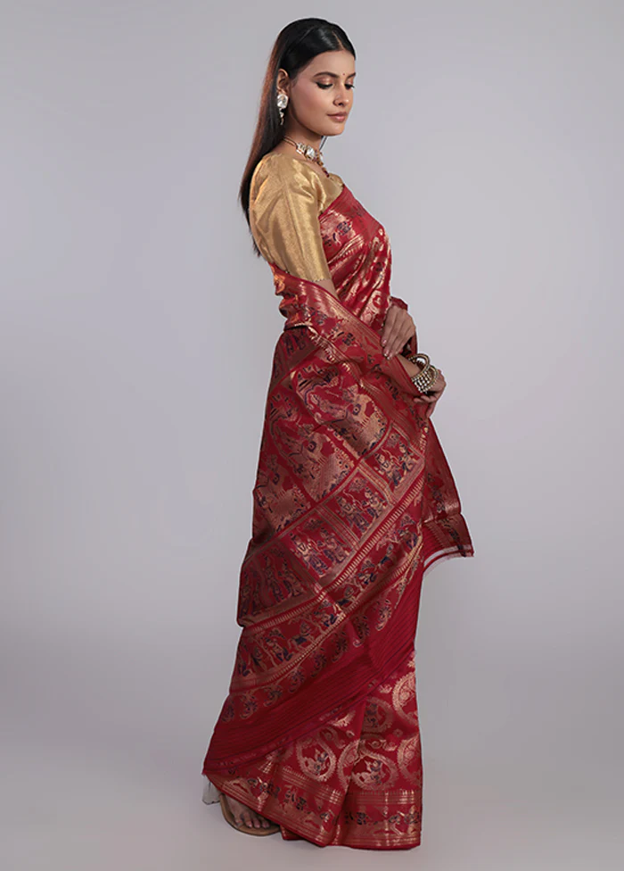 RED HANDLOOM BALUCHARI PURE SILK SAREE WITH BLOUSE - Image 4