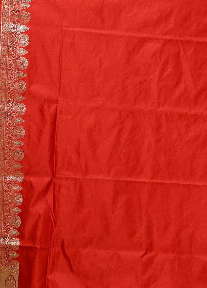 Red Handloom Banarasi Pure Silk Saree With Blouse Piece - Image 5