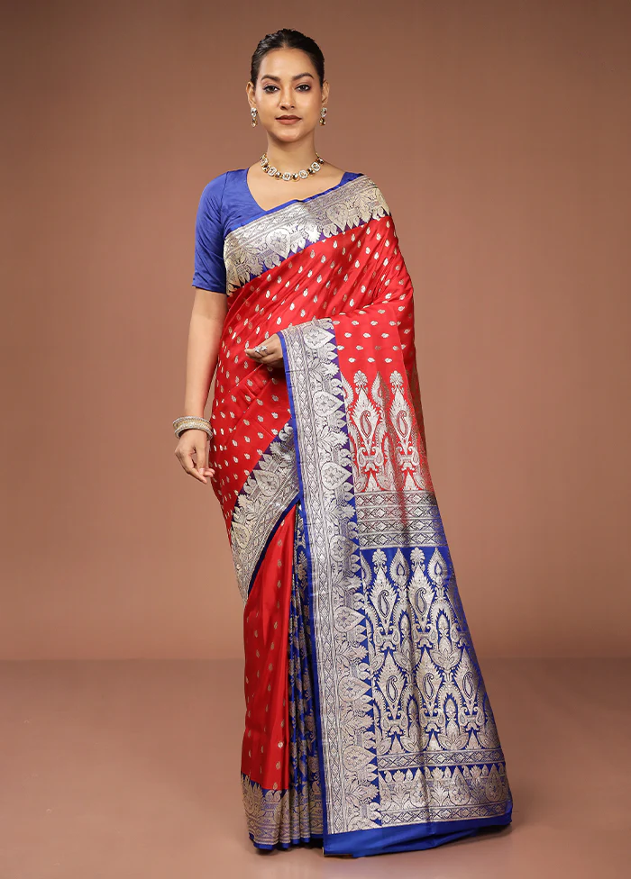 Red Handloom Banarasi Pure Silk Saree With Blouse Piece - Image 2