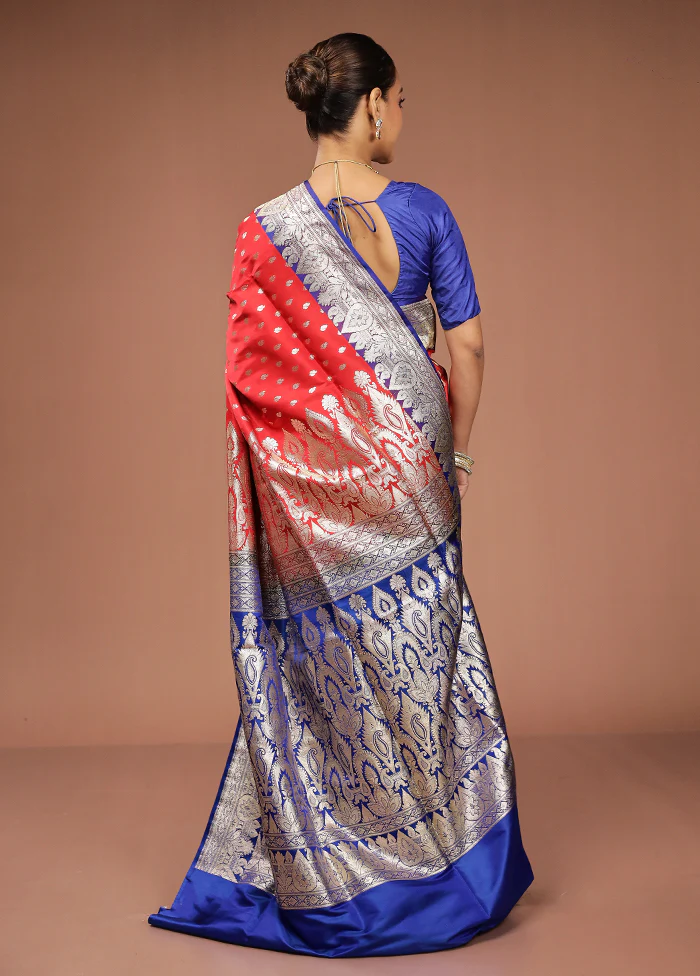 Red Handloom Banarasi Pure Silk Saree With Blouse Piece - Image 3