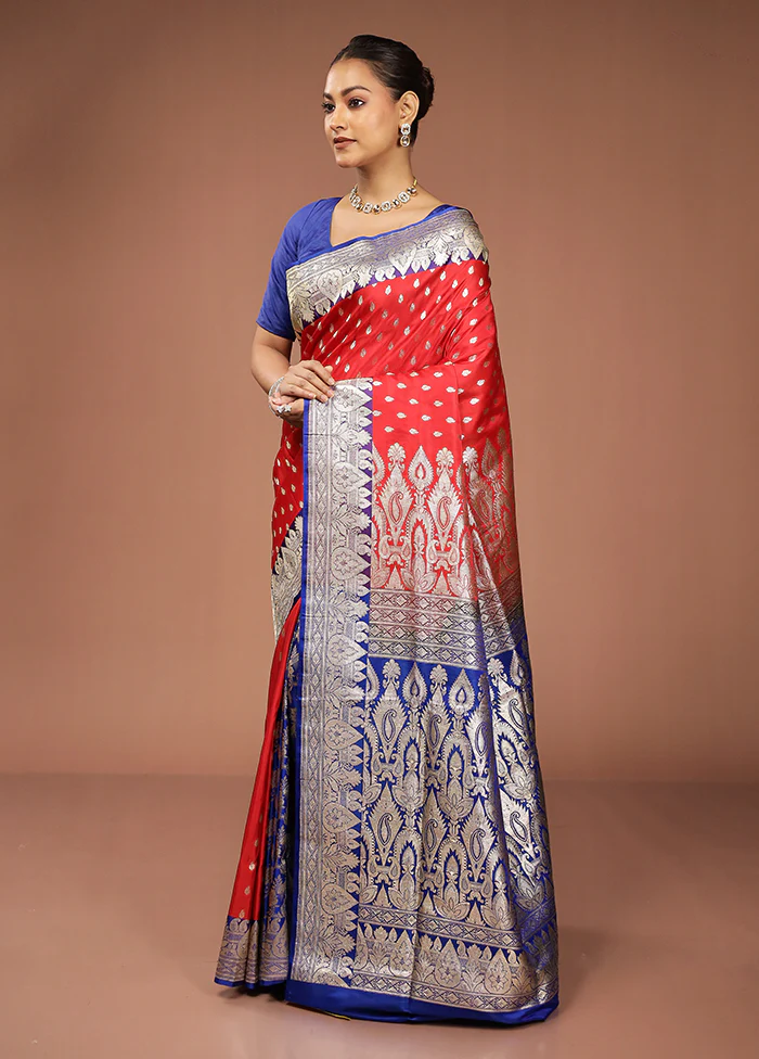 Red Handloom Banarasi Pure Silk Saree With Blouse Piece - Image 4