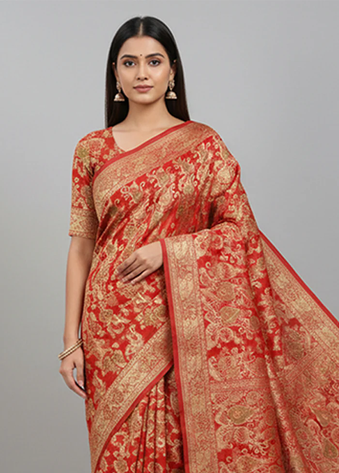 Red Handloom Banarasi Pure Silk Saree With Blouse Piece - Image 2