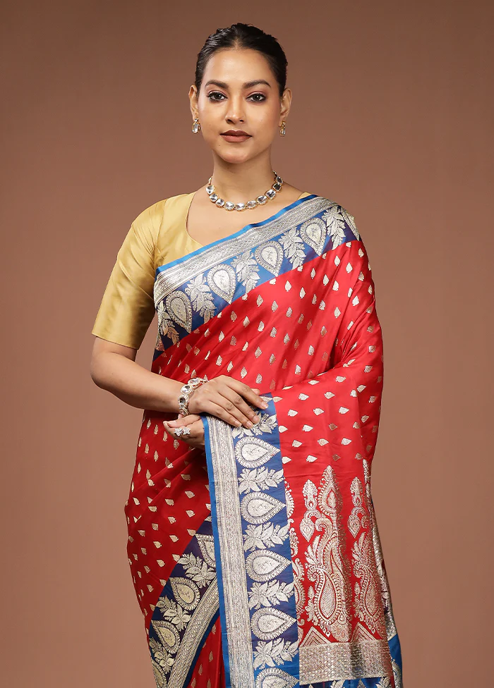 Red Handloom Banarasi Pure Silk Saree With Blouse Piece