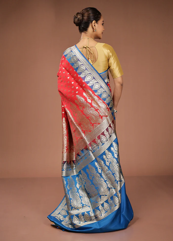 Red Handloom Banarasi Pure Silk Saree With Blouse Piece - Image 3