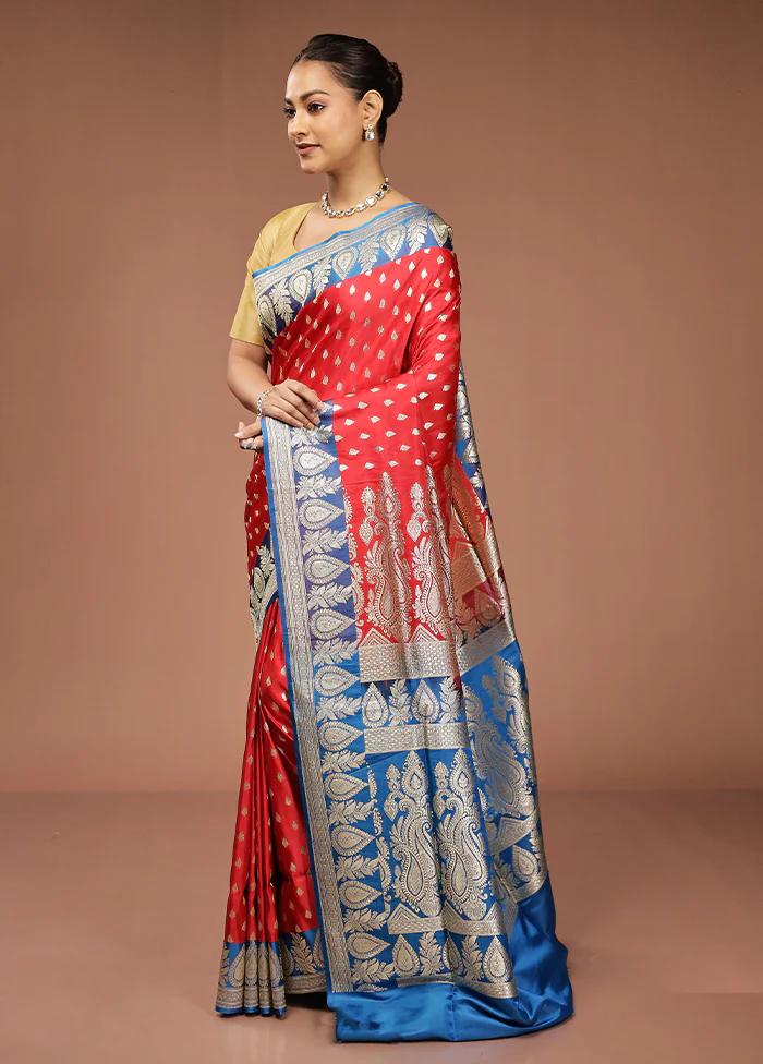 Red Handloom Banarasi Pure Silk Saree With Blouse Piece - Image 4