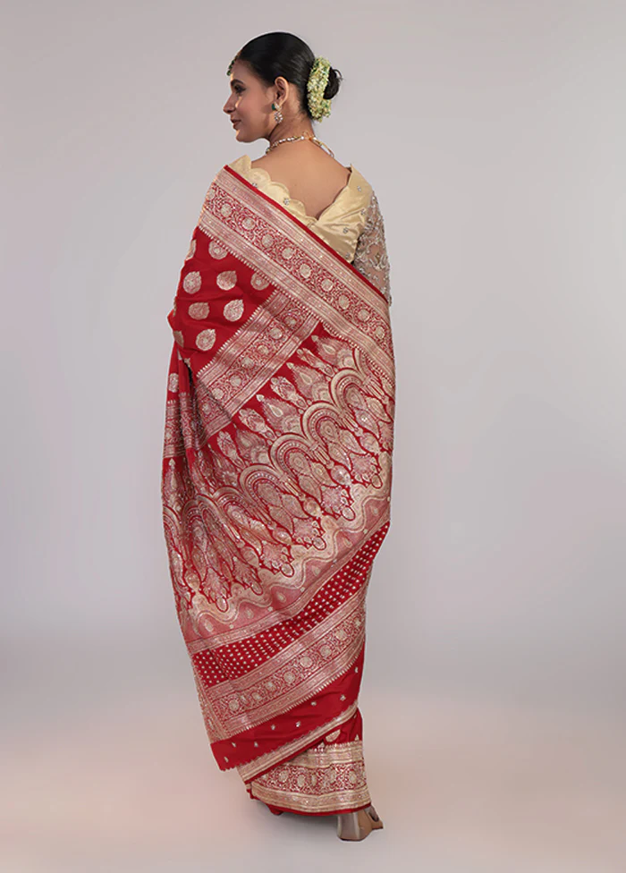 Red Handloom Banarasi Pure Silk Saree With Blouse Piece - Image 3