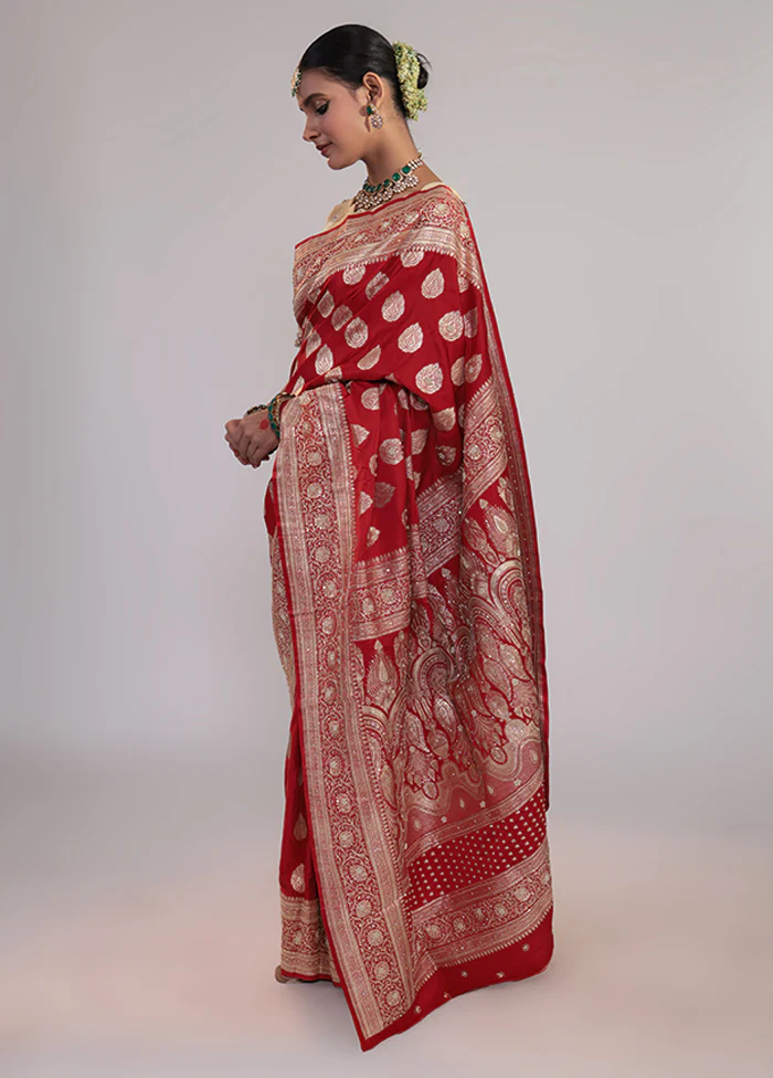 Red Handloom Banarasi Pure Silk Saree With Blouse Piece - Image 4