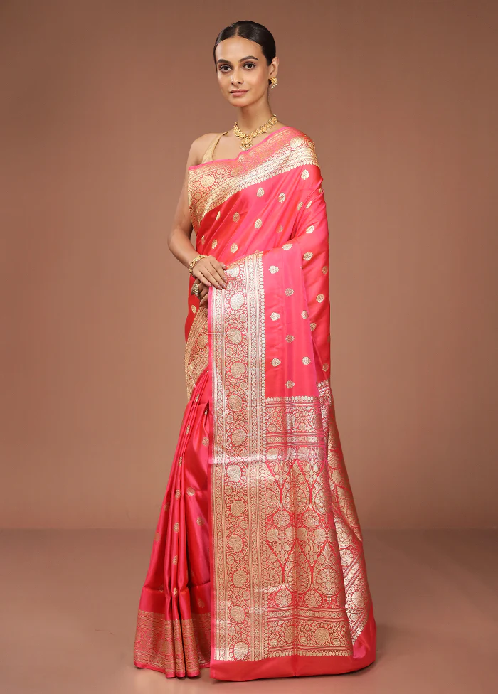 Red Handloom Banarasi Pure Silk Saree With Blouse Piece - Image 4