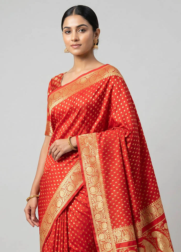Red Handloom Banarasi Pure Silk Saree With Blouse Piece - Image 2