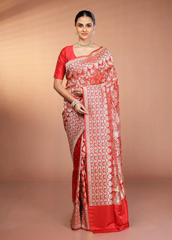 Red Handloom Banarasi Pure Silk Saree With Blouse Piece - Image 2