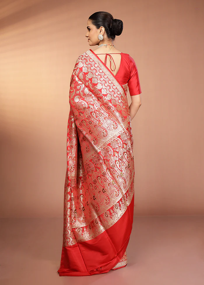 Red Handloom Banarasi Pure Silk Saree With Blouse Piece - Image 3
