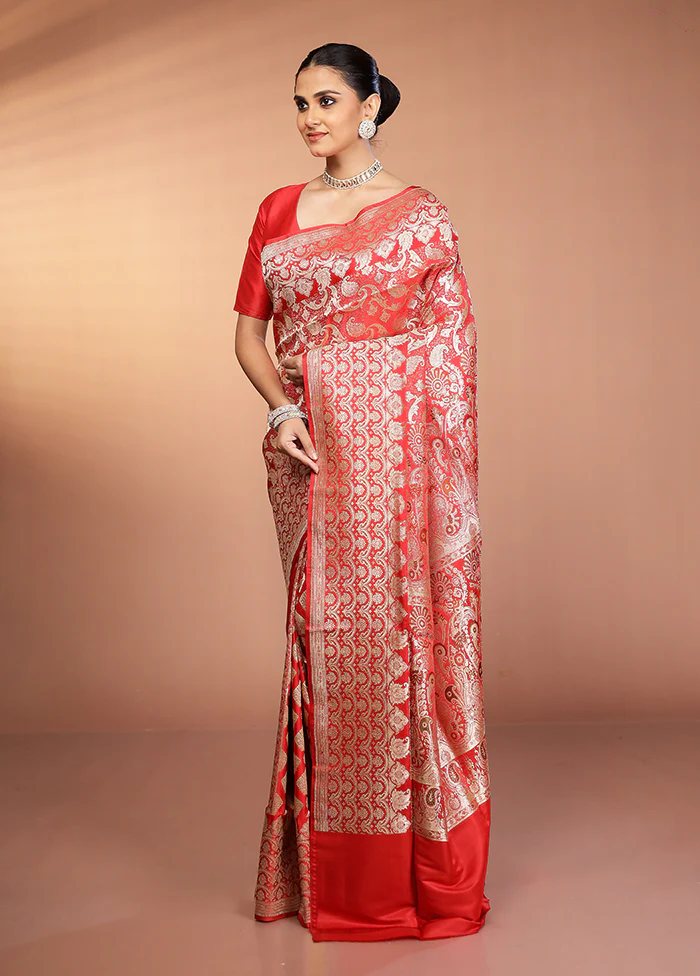 Red Handloom Banarasi Pure Silk Saree With Blouse Piece - Image 4