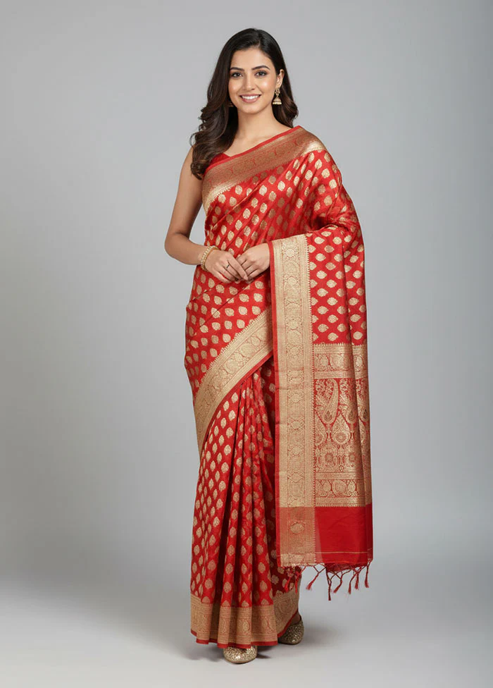 Red Handloom Banarasi Pure Silk Saree With Blouse Piece