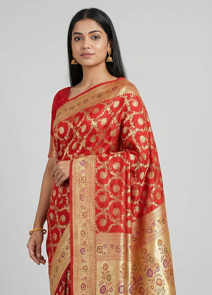 Red Handloom Banarasi Pure Silk Saree With Blouse Piece - Image 2