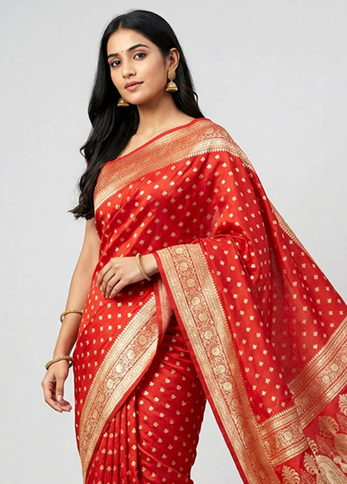 Red Handloom Banarasi Pure Silk Saree With Blouse Piece - Image 2