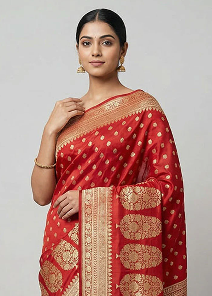 Red Handloom Banarasi Pure Silk Saree With Blouse Piece - Image 2