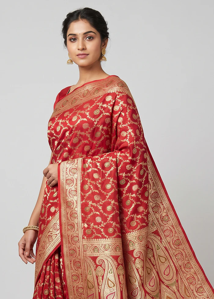 Red Handloom Banarasi Pure Silk Saree With Blouse Piece - Image 2