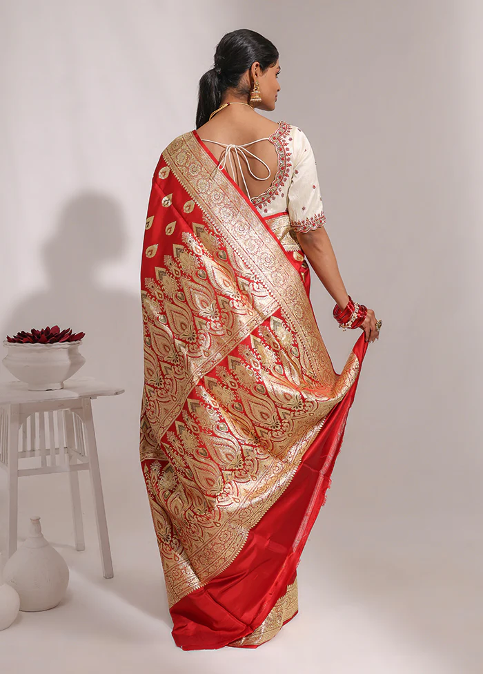 Red Handloom Banarasi Pure Silk Saree With Blouse Piece - Image 3