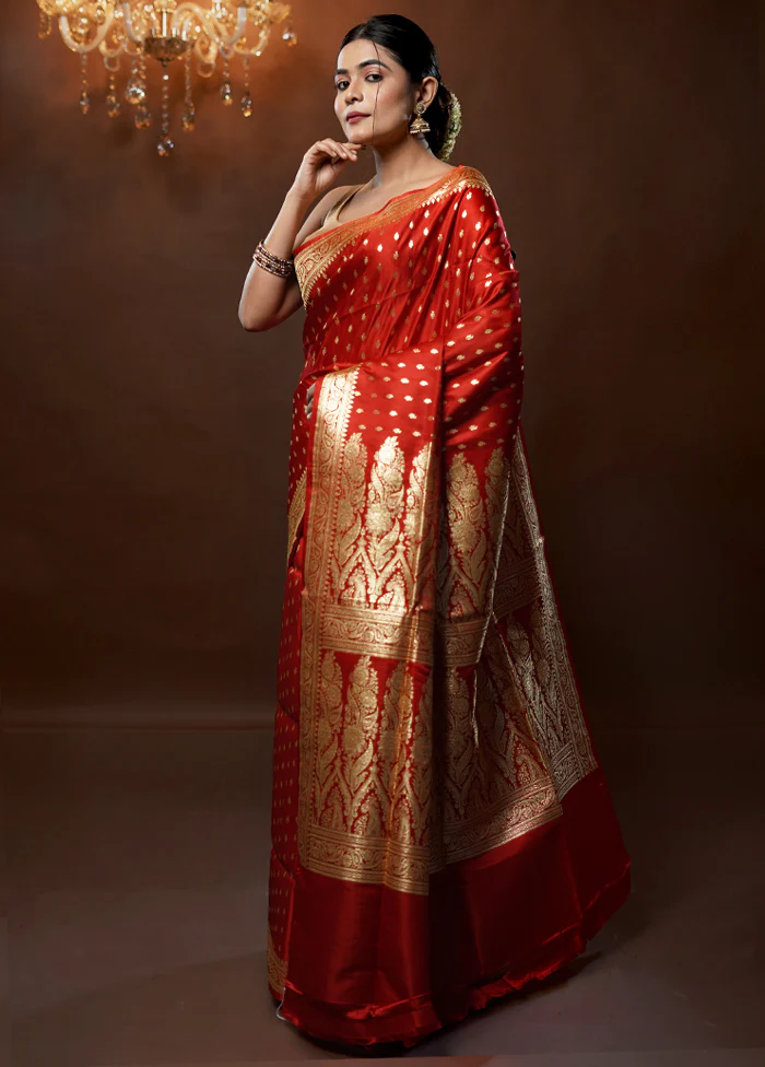 Red Handloom Banarasi Pure Silk Saree With Blouse Piece - Image 4