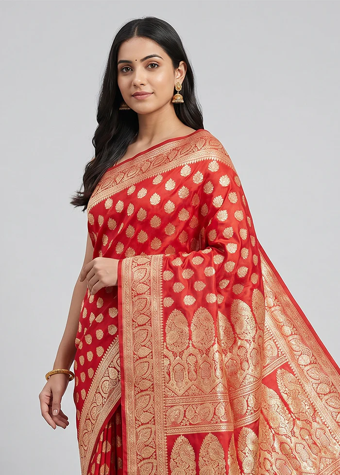 Red Handloom Banarasi Pure Silk Saree With Blouse Piece - Image 2