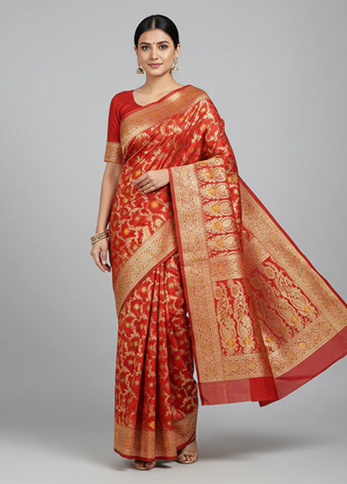 Red Handloom Banarasi Pure Silk Saree With Blouse Piece