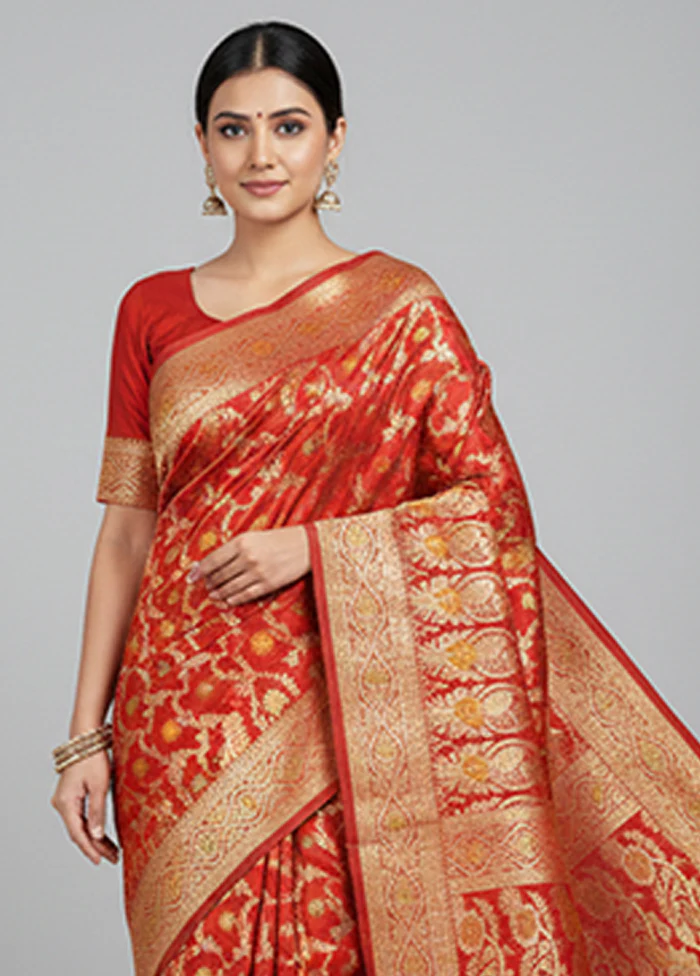Red Handloom Banarasi Pure Silk Saree With Blouse Piece - Image 2