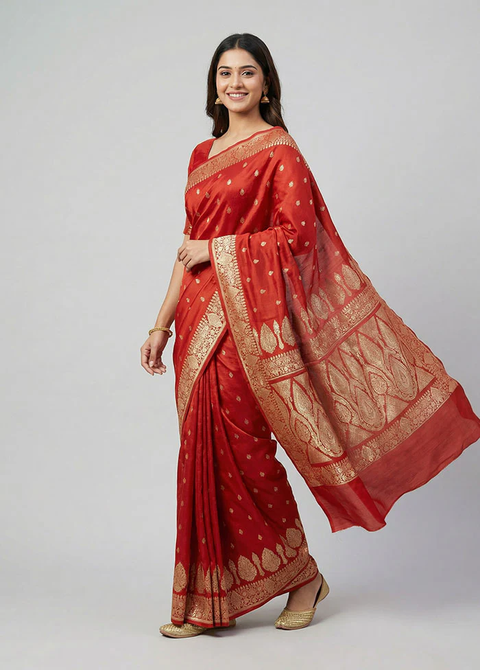 Red Handloom Banarasi Pure Silk Saree With Blouse Piece