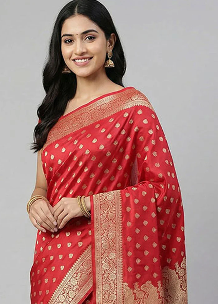 Red Handloom Banarasi Pure Silk Saree With Blouse Piece - Image 2