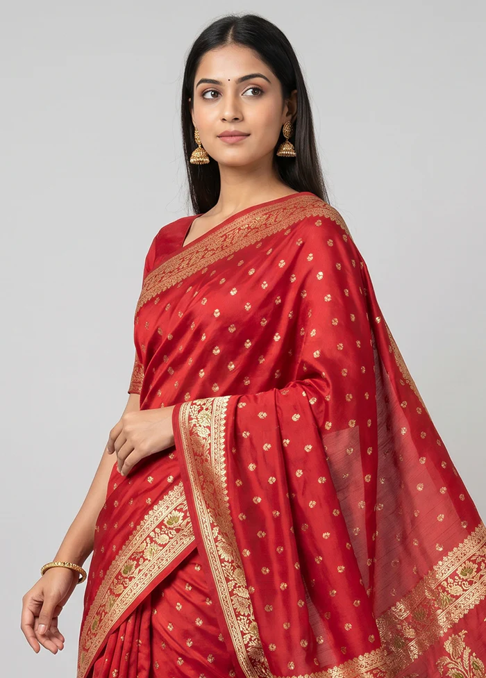 Red Handloom Banarasi Pure Silk Saree With Blouse Piece - Image 2