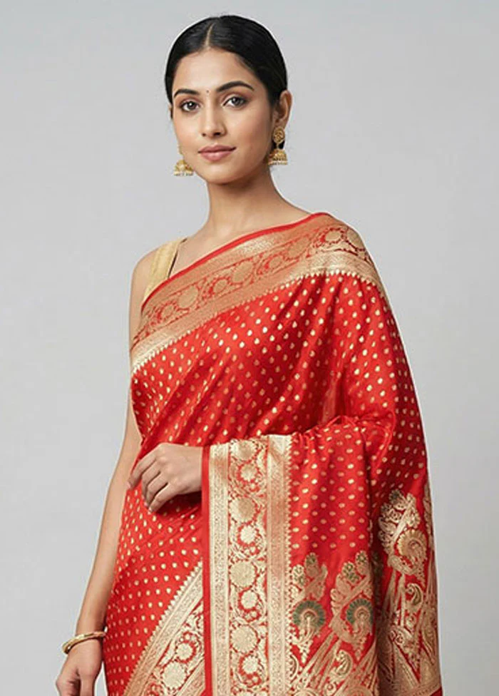 Red Handloom Banarasi Pure Silk Saree With Blouse Piece - Image 2