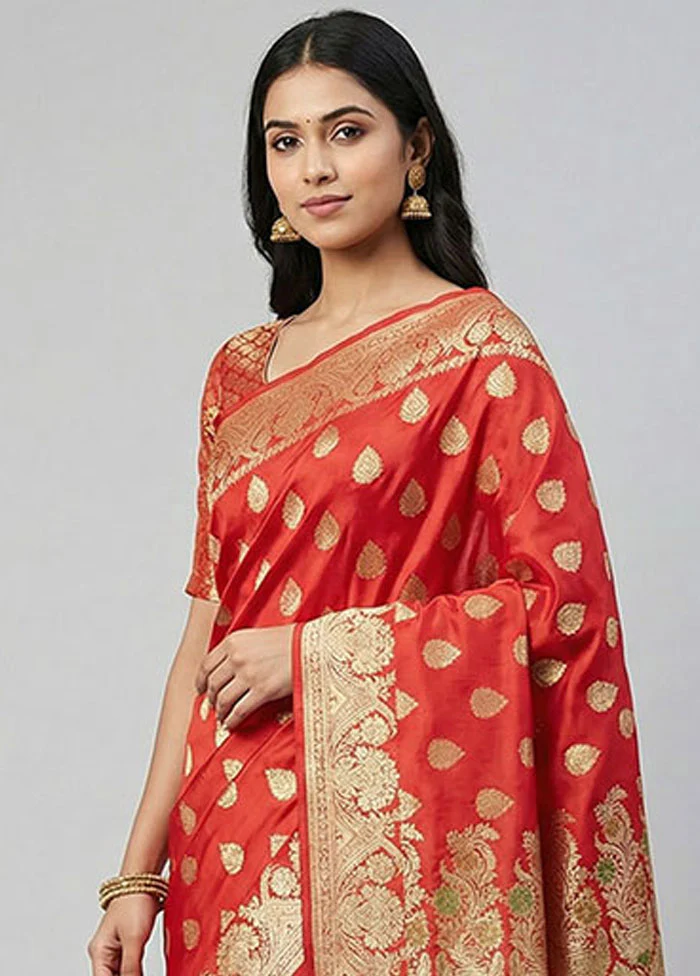 Red Handloom Banarasi Pure Silk Saree With Blouse Piece - Image 2