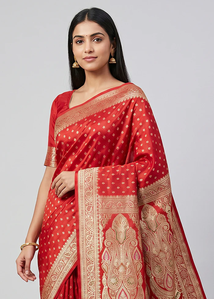 Red Handloom Banarasi Pure Silk Saree With Blouse Piece - Image 2
