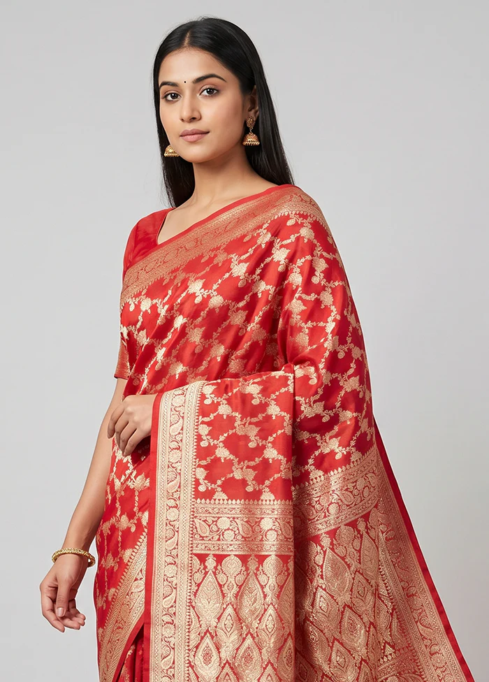 Red Handloom Banarasi Pure Silk Saree With Blouse Piece - Image 2