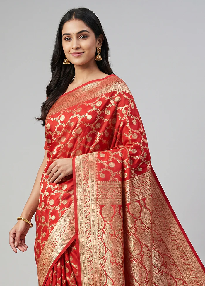 Red Handloom Banarasi Pure Silk Saree With Blouse Piece - Image 2