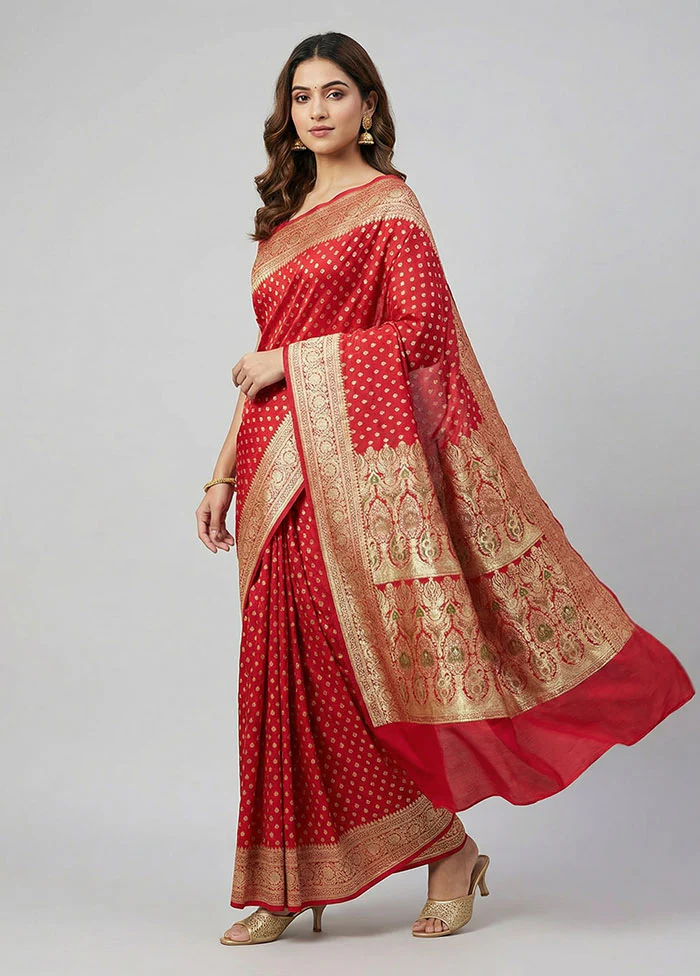 Red Handloom Banarasi Pure Silk Saree With Blouse Piece
