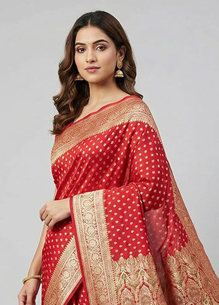 Red Handloom Banarasi Pure Silk Saree With Blouse Piece - Image 2