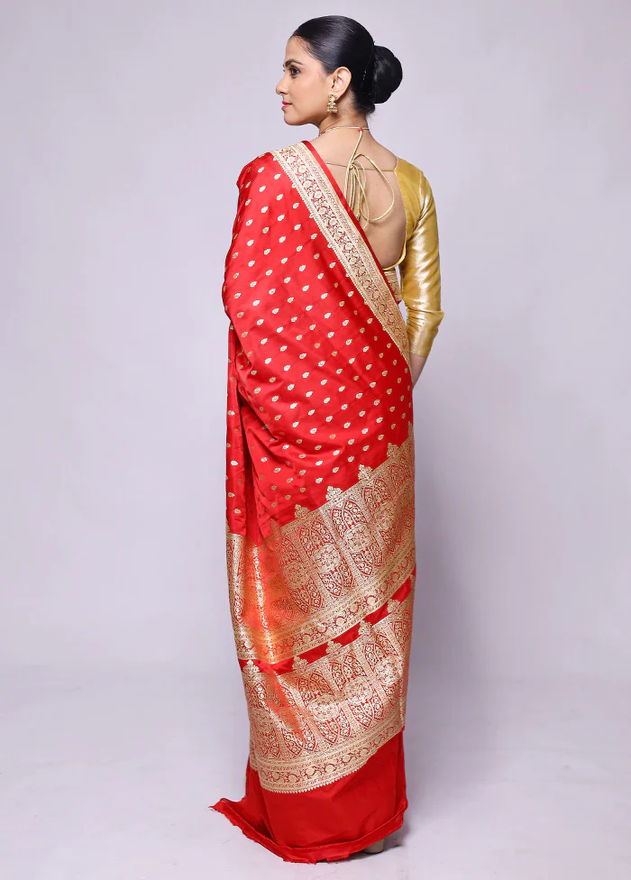 Red Handloom Banarasi Pure Silk Saree With Blouse Piece - Image 3