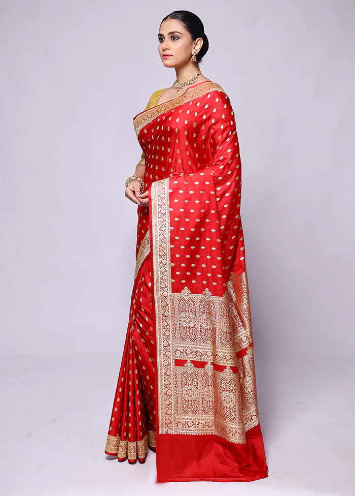 Red Handloom Banarasi Pure Silk Saree With Blouse Piece - Image 4