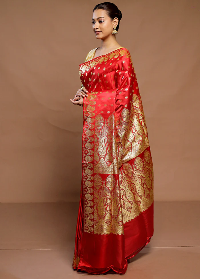 Red Handloom Banarasi Pure Silk Saree With Blouse Piece - Image 4