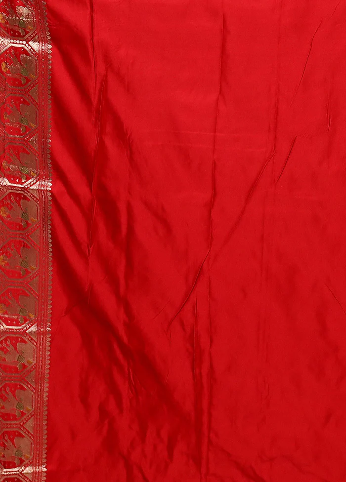 Red Handloom Banarasi Pure Silk Saree With Blouse Piece - Image 5