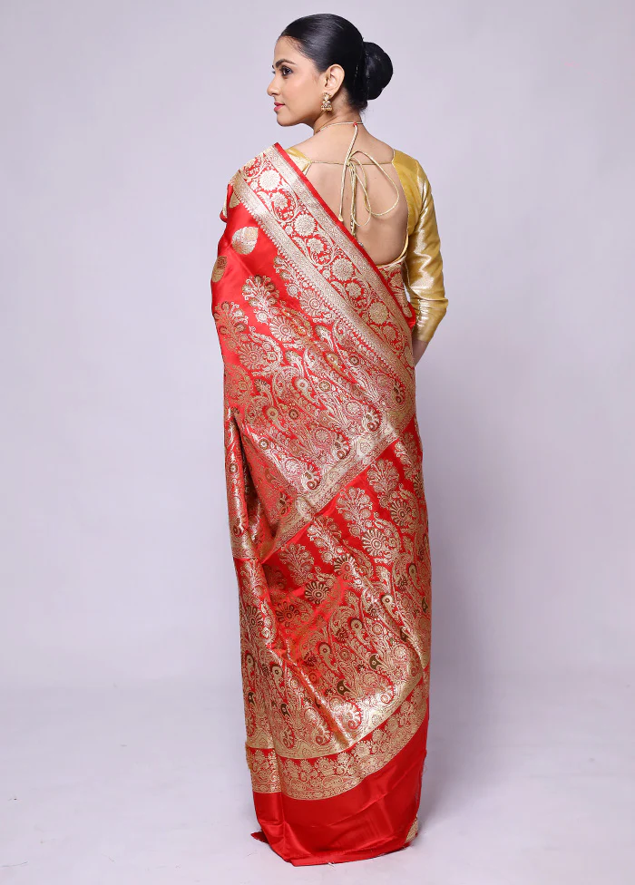 Red Handloom Banarasi Pure Silk Saree With Blouse Piece - Image 3