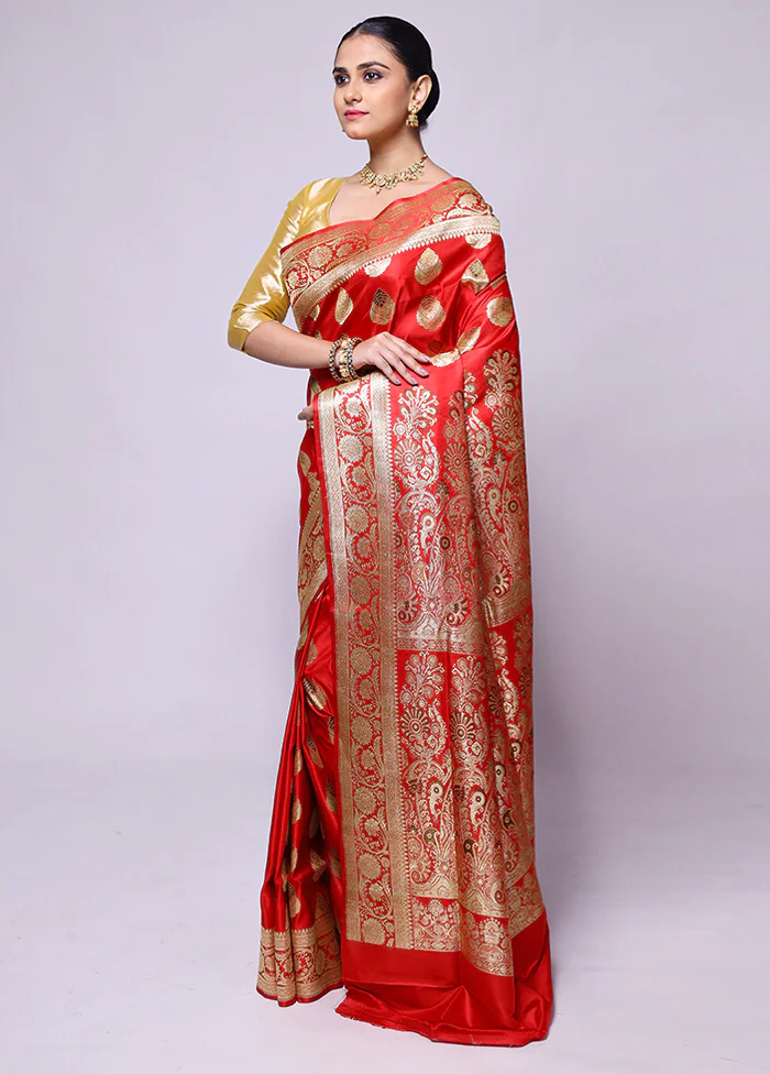 Red Handloom Banarasi Pure Silk Saree With Blouse Piece - Image 4
