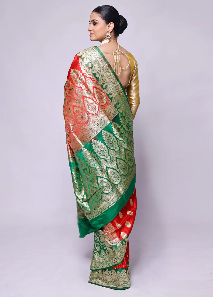 Red Handloom Banarasi Pure Silk Saree With Blouse Piece - Image 3