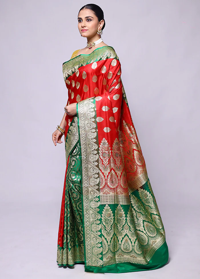 Red Handloom Banarasi Pure Silk Saree With Blouse Piece - Image 4