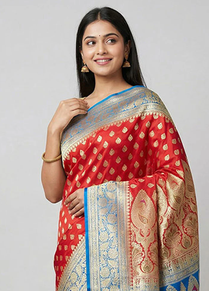 Red Handloom Banarasi Pure Silk Saree With Blouse Piece - Image 2