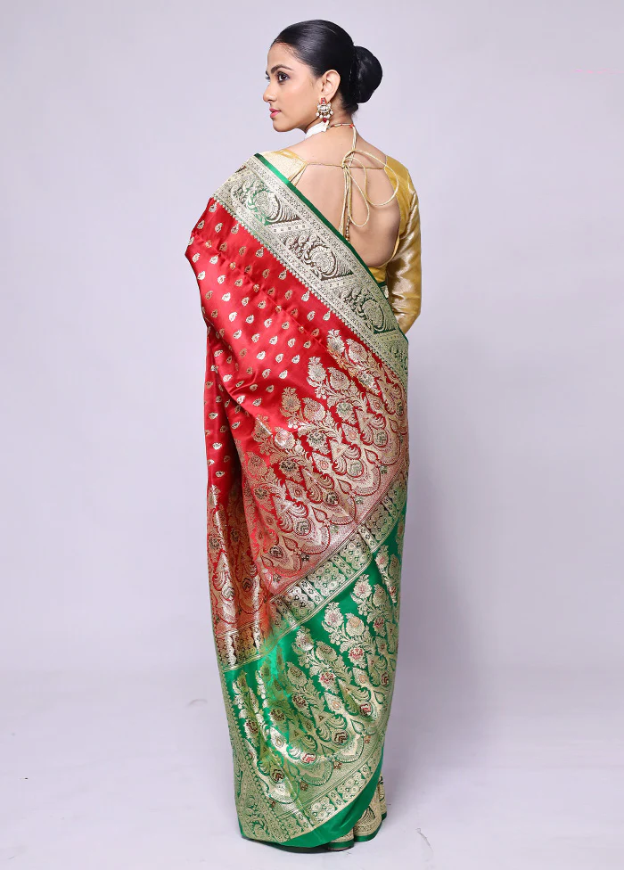 Red Handloom Banarasi Pure Silk Saree With Blouse Piece - Image 3