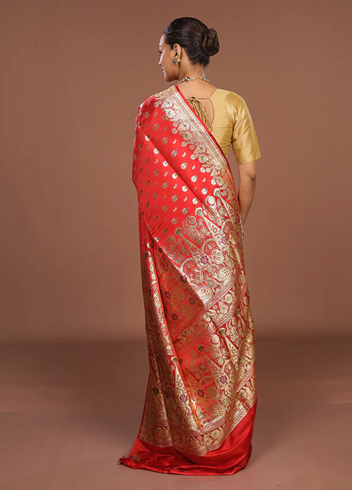 Red Handloom Banarasi Pure Silk Saree With Blouse Piece - Image 3