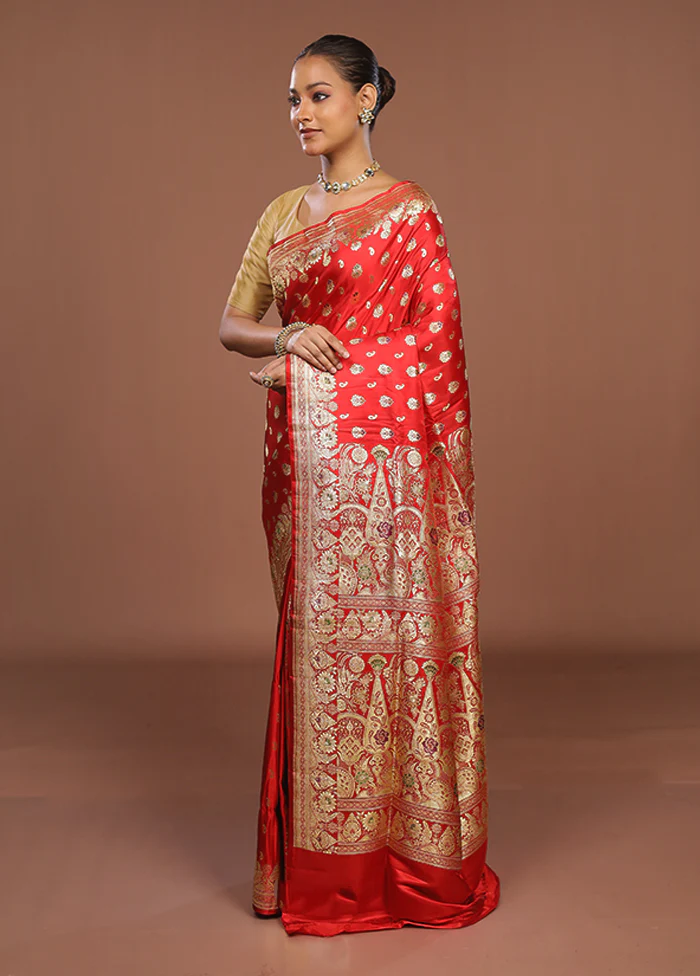 Red Handloom Banarasi Pure Silk Saree With Blouse Piece - Image 4