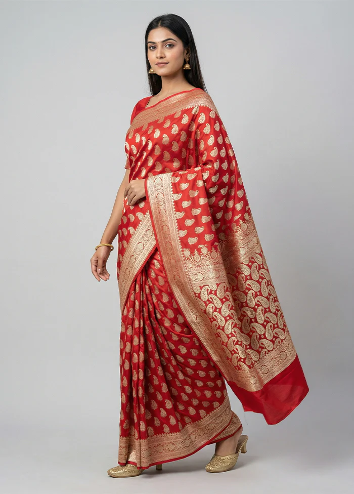 Red Handloom Banarasi Pure Silk Saree With Blouse Piece